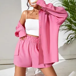 Tracksuits voor damespak voor dames Summer Fashion Solid Color Korte Mouw Rage Pink Pink Shirt Shorts Set Elegant Loose Pant