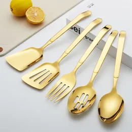 Servis uppsättningar 5st Golden Home Serving Rostfritt stål bestick Set Large Spoon Fork Hollow Shovel Sallad Strering Table Köksredskap 230518