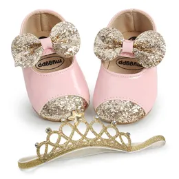 Sandals Baywell Baby Girl Shoes Hair Band Infant Toddler Fashion PU Sequins Bowknot Non-slip Princess First Walker Baptism Shoes 230517