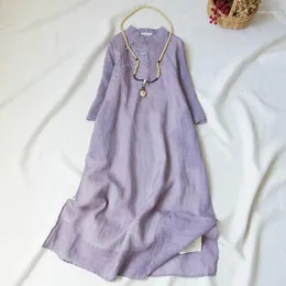 Roupas étnicas verão ramie pescoço oblíquo bordado arte retro feminina feminina zen traje médio vestido qipao estilo fino