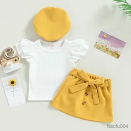 Roupas conjuntos de roupas para crianças meninas roupas de verão conjunto de manga curta Camiseta de cor sólida e mini-saia e cinto e chapéu