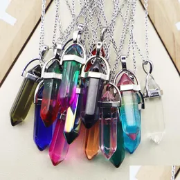 Anhänger Halsketten Regenbogen Glas Sechseckige Säule Spitze Schwarze Kordel Halskette Zylindrische Charms Mineralien Heilkristall Juwel Dhgarden Dha87