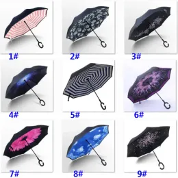 Folding Reverse C Shape Umbrella Double Layer Unisex Inverted Long Handle Windproof Rain Car Umbrellas Gifts factory outlet