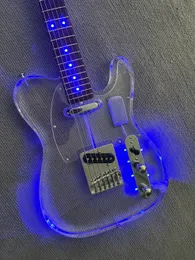 Custom TL Modello Acrilico Trasparente Chitarra Elettrica Colore LED Luci Lampeggiante Manico In Acero In Cicogna