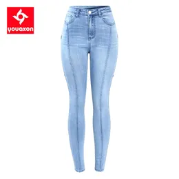 Jeans 2144 Youaxon ny hög midja blå lapptäcke jeans kvinna ultra stretchig denim blyerts magra byxor byxor för kvinnor jeans