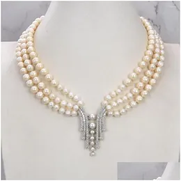 Pendant Necklaces 18 3 Strands Ctured White Round Freshwater Pearl Chokers Necklace Sier Color Plated Cz Pave For Women Drop Dh4Hb