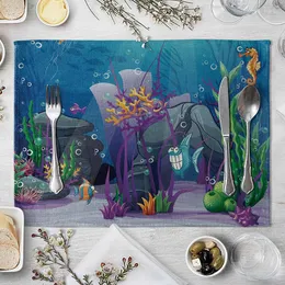 Bord Mattor Ocean Pattern Kitchen Placemat Cotton Linne Creative Animation Dining Pad Bowl Cup Mat Home Decor för