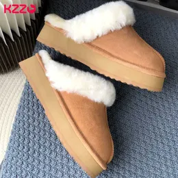 Pantofole KZZO New Fashion Inverno Pelle di pecora Pelliccia Home Pantofole suola spessa da donna Pantofole casual in morbida lana da interno Lady Warm Home Shoes X230519