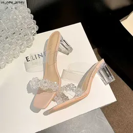 Pantofole 2023 Nuovi sandali con tacco alto trasparenti Donna Moda strass di cristallo Sandali con tacco grosso Pantofole Tacchi alti poco profondi J230519