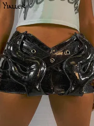 Spódnice Yialllen Summer Fashion Pu Leather Unikalny projekt Krótka spódnica Kobiety Seksowne szczupły talia mini północy imprezy odzież 230519