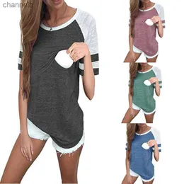 Women's T-Shirt Maternity Breastfeeding Tee Nursing Tops Striped Colorblock Short Sleeve T-shirt Plus Size S-XL Maternity Clothing TeesL230519