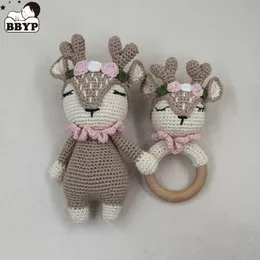Rattles Mobiles virkade baby handgjorda hjortar älg set rattle tänder ring plysch leksaker sovdockor duschgåvor 230518