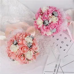 Dekorativa blommor hög kvalitet 20 cm pe rose brudtärna bröllop skum brud bukett band falsk de noiva 5 färg