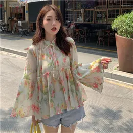 Blusas femininas coreanas doces plissados ​​de flor estampada com manga de chiffon camisa de chiffon estilo rústico bodia de bagunça vintage superdizes 3xl