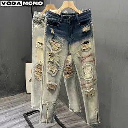 Erkek kot pantolon yırtık kot pantolon erkekler ince fit fit sıska hip hop sokak kıyafeti patchwork elastikiyeti gotik pantolon pantalon 230519