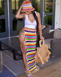 Skirts Colorful Hand Crochet Tassel Maxi Women Fashion Sexy Side High Split Knitted Long Beach Cover Ups Casual Petticoats 230519