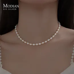 قلادة قلادة Modian REAL 925 Sterling Silver Natural Freshwater Pearl Ncklace Choker Short Short Chain Necklace Jewelry Association 230518