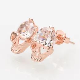 Wholesale 12pcs/dozen Rose Gold Earrings, Skeleton Earrings Ghost Head, Zircon Simulation Diamond Earrings, Alternative Personality Youth