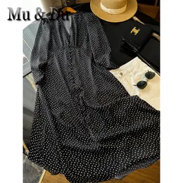 Podstawowe sukienki swobodne Mu du Summer Women w dekolcie zaczep-dekolt Button długa sukienka żeńska polka kropka nadruk szczupły eleganckie sukienki midi szatę vestidos 230519