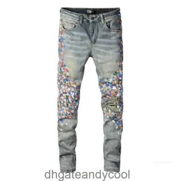 Designer Fall Amirres Jeans Brand Pants Wash Man Herr 868 Denim sliten Hole Splash Ink Slim Fit Elastic Men's High Street Fashion Feet VB45