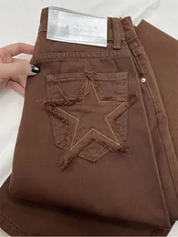 Damskie dżinsy szerokie nogawki gwiazda kieszeń Vintage proste spodnie wysokiej talii workowate Streetwear Casual brązowe spodnie dżinsowe damskie 230519