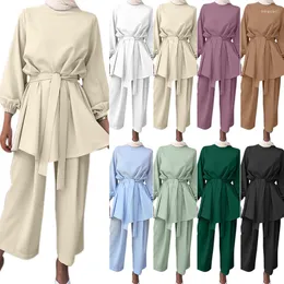 Ubranie etniczne muzułmanin co ord dwuczęściowy zestaw Ramadan wysokiej jakości skromny Abaya Kobiety islamski eid top i spodnie Baju Kurung Drop