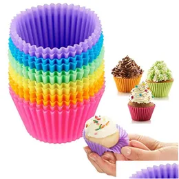 Cupcake 12Pcs Sile Stampo per torta Muffin a forma rotonda Stampi per cottura Cucina Bakeware Maker Strumenti per decorare fai da te Drop Delivery Home Dho5C