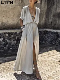 Kleider Ltph Spezialverkauf Spitzenkleid elegante polyester -europäische amerikanische Kleider Explosionen Deep V Midsleeve Split lange sexy Frauen