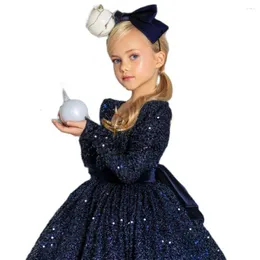Girl Dresses Sparking Full Sleeve Sequined Flower With Bow A Line Communion Girls Winter Christmas Gown Christening