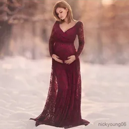 Kırmızı V yakalı uzun kollu annelik fotoğrafçılığı prop gebelik kıyafetleri annelik elbisesi süslü çekim fotoğrafı hamile r230519