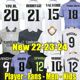 Benzema Real Madrids Soccer Jerseys 120th Kroos 22 23 24 Camisa de futebol Vini Jr Tchouameni Valverde Modric Camiseta Men Kit Kit 2023 2024 Fãs de jogadores uniformes Rodrygo