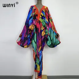 Dress Sexy bech highquality handrolled feel silk rayon fashion print 2021 WINYI Maxi women's robes long beach Vneck Bohemian dress