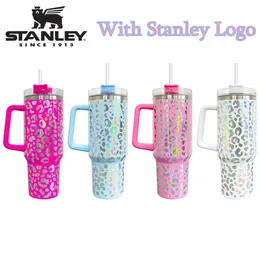 Med Stan-Ley Logo Leopard Quencher Coffee Mug Cup med lock och halm utomhus camping cup shinny leopard 40oz rostfritt stål muggar GJ0519