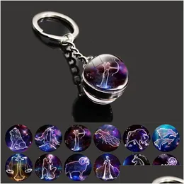 Key Rings Glow In The Dark 12 Constellation Zodiac Signs Picture Double Side Cabochon Glass Ball Keychain Jewelry Birthday G Dhgarden Dhbsc