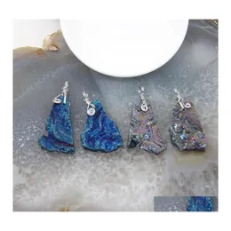 Collane con ciondolo 1 Pz Rock Agates Geode Natural Druzy Quartz Titanium Blue/Rainbow Siery Bails Gioielli fai da te Charms Collana Drop Del Dheag