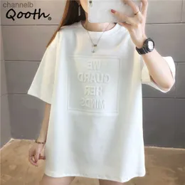 여자 티셔츠 Qooth 한국 스타일 느슨한 짧은팔 티셔츠 여자 솔리드 레터 인쇄 여름 티셔츠 대형 크기 올 매치 탑 QT617L230519