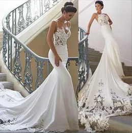 Cheap Mermaid Wedding Dresses Spaghetti Straps Lace Appliques Satin Illusion Sleeveless Court Train Beach Boho Arabic Formal Bridal Gowns