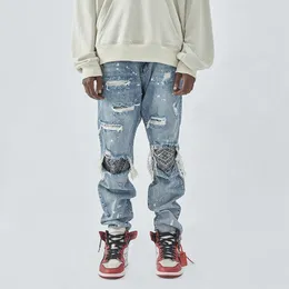 Herren Jeans Y2K Vintage Destroyed Patch Streetwear Hip Hop Mid Rise Distressed Washed Hosen Modetrend Hose mit geradem Bein 230519