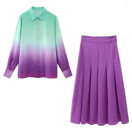 Skirts Women Vintage Front Pleated Soft Satin Mid Skirt Tie-Dyed Long Sleeve Shirt Dresses 2 Piece Suit Summer High Street Outwear