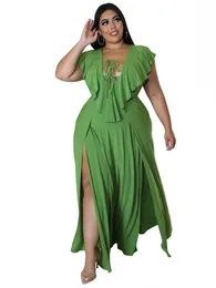 플러스 사이즈 드레스 여름 크기 드레스 여성 4xl 5xl 레이스 업 중공 제국 로브 패션 패치 워크 캐주얼 섹시한 큰 긴 맥시 230518