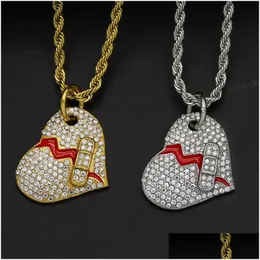 Pendant Necklaces Hip Hop Rhinestones Paved Bling Iced Out Stainless Steel Broken Hearts Pendants Neckalce For Men Women Lover Rappe Dh9Hj