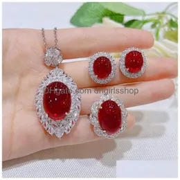 Jewelry Sets Foydjew Luxury Simation Ruby For Women Exaggerated Big Red Stone Pendant Necklaces Stud Earrings Rings Drop Deli Dhody