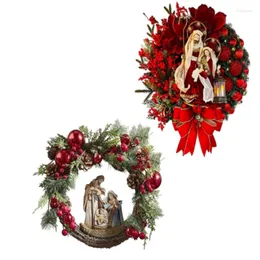 Decorative Flowers Christmas Nativity Holy Family Wreath With Artificial Berries Greenery Bow Jesus Christ Hanging Garland Xmas Festival