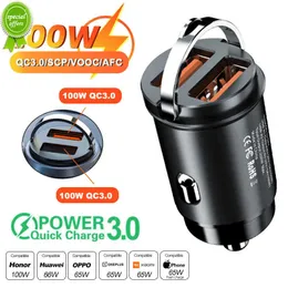 New 100w/200w Mini Car Charger USB Type C Aluminium Alloy Quick Charge 3.0 PD Port Fast Charging Phone Charger For Xiaomi iPhone