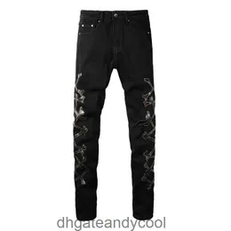 black Denim Amirres washed Jeans Designer street Pants Man hole high camouflage bone patchwork skinny elastic denim pants men 6EAM