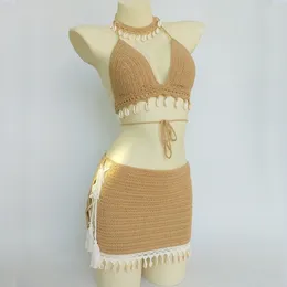 Swim wear 3pcs Bikini Set Woman Crochet Shell Tassel Bikini Top And Seashell Ankle Chain Sexy Beach Skirt Lace See Through Slim Mini Skirt 230518