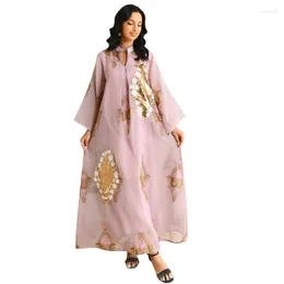 Etnisk kläder Mellanöstern Klänning V-ringning pärla blommig casual lös lång kjol Dubai kvinnor muslimska sydostasiatiska