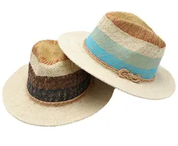 Geizige Brimhüte 10pcs schöne Frauen Sommer gestreift Panama Männer Strand Stroh Fedora Hut Damen Papier Sonnenkappe Trilby Fedoras Großhandel Großhandel