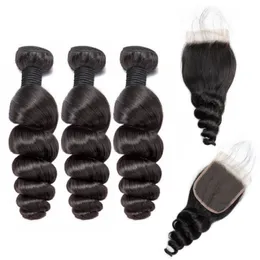 Оптовая бразильская пустые волосы с бразильскими волнами дешевые перуанские индийские малазийские человеческие волосы Расширение волос свободная волна с закрытием кружева 4х4