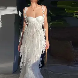 Casual Dresses Party White Pretty Elegant Mermaid Prom Spaghetti Strap ärmlösa 3D -blommor med bröstkuddsapplikationer Kvinnlig klänning gjord